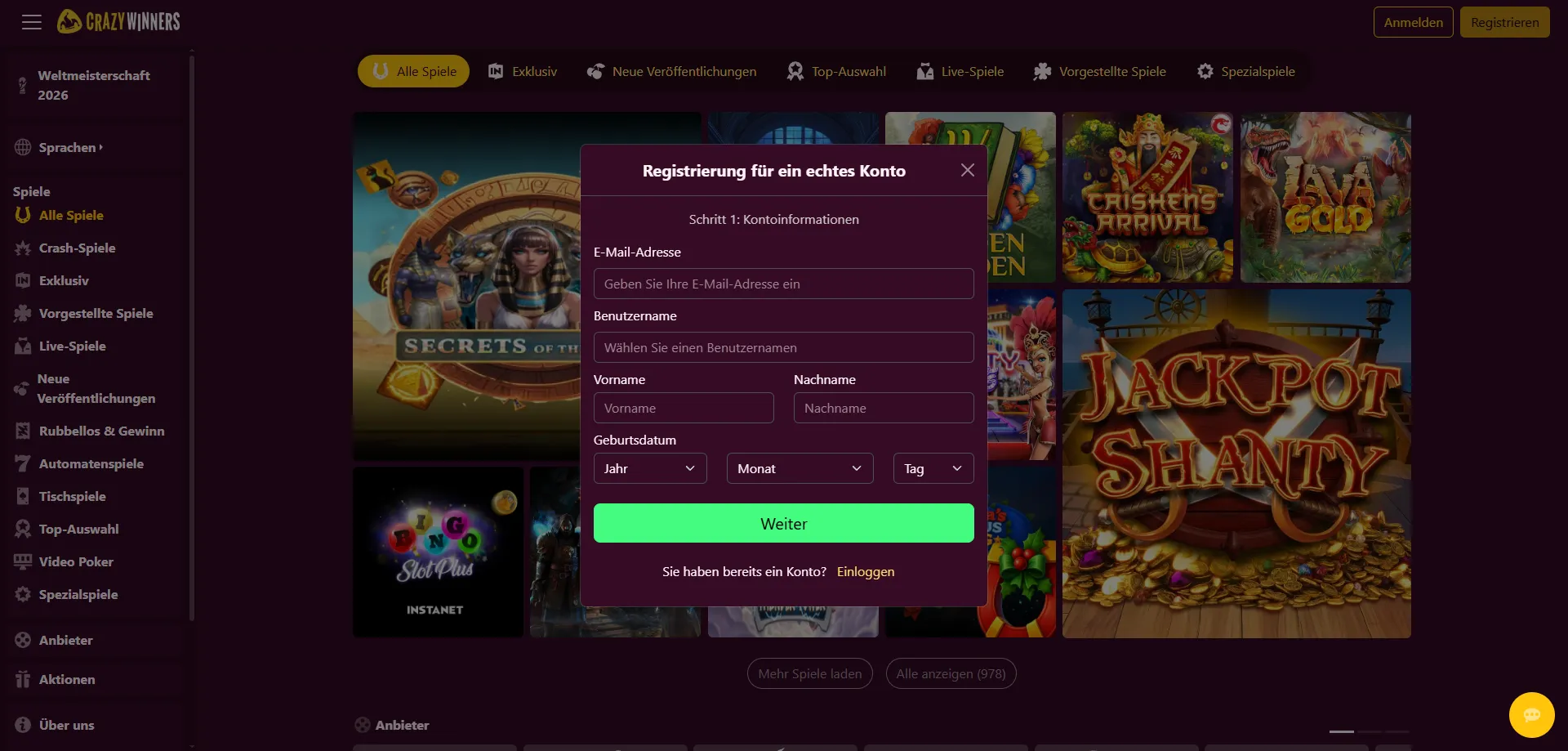 Registrierung bei CrazyWinners — Crazy Winners